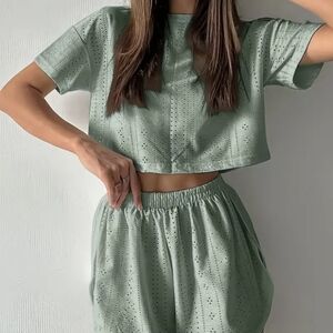 Green Eyelet Crop Top and Shorts Set